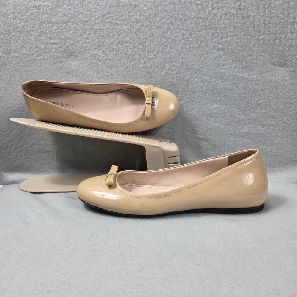 Prada Nude Beige Patent Leather Bow Ballet Flats Shoes Italy 35.5